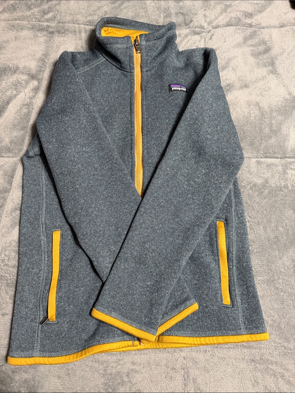 Patagonia Kids Blue-Gray Fleece Jacket with Yellow Trim